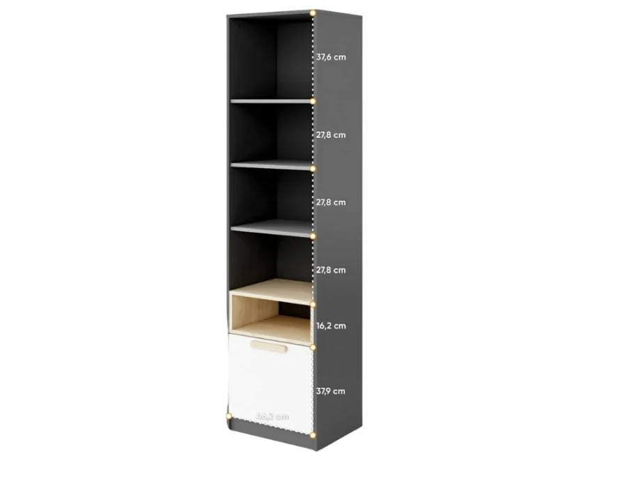 Detailansicht der Fachhöhen des Regals in Anthrazit mit Maßangaben in Zentimetern.