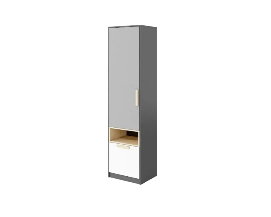 Moderner Hochschrank in Grau und Anthrazit mit geschlossener Tür und Schublade.