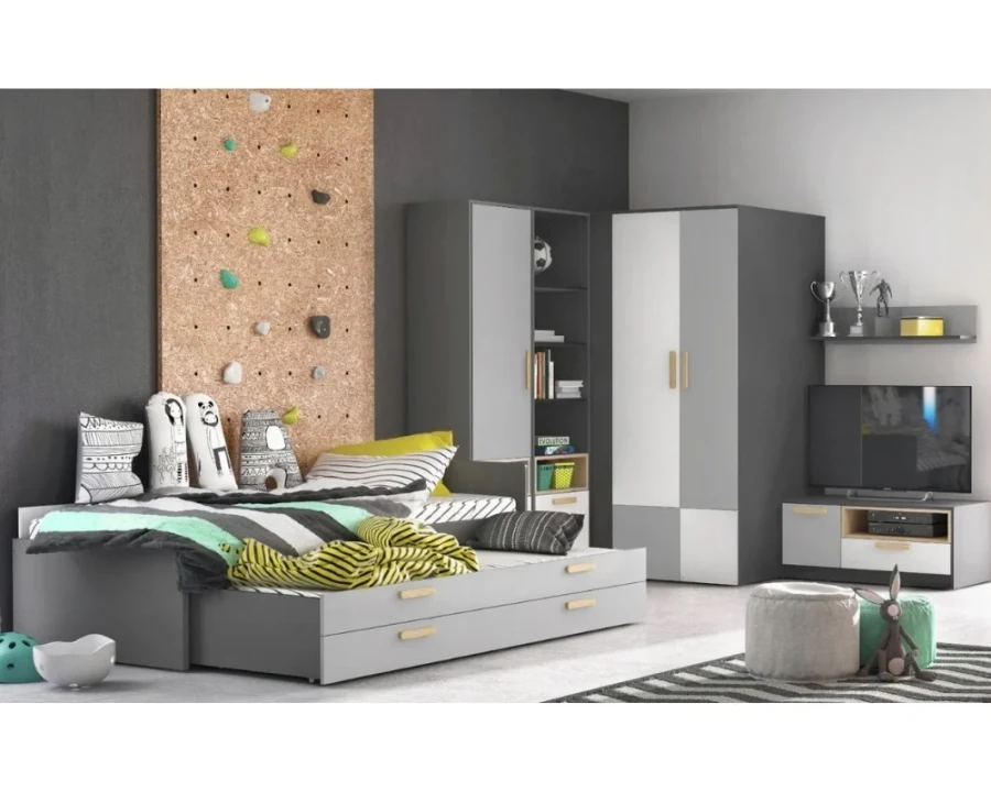 Modernes Jugendzimmer-Set in Grau und Weiß mit Kletterwand, Bett und Kleiderschrank.