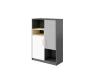 Modernes Highboard-Regal für das Kinderzimmer in Grau, Weiß und Eiche mit Türen und Fächern.