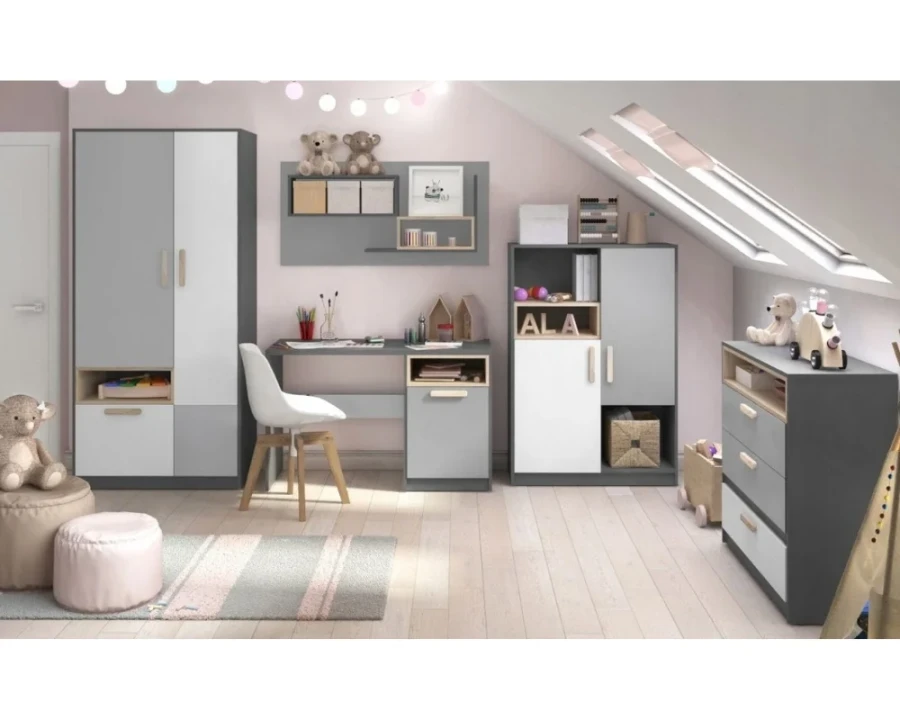 Modernes Kinderzimmer Möbel-Set in Grau und Weiß mit Schreibtisch, Kleiderschrank und Kommode.