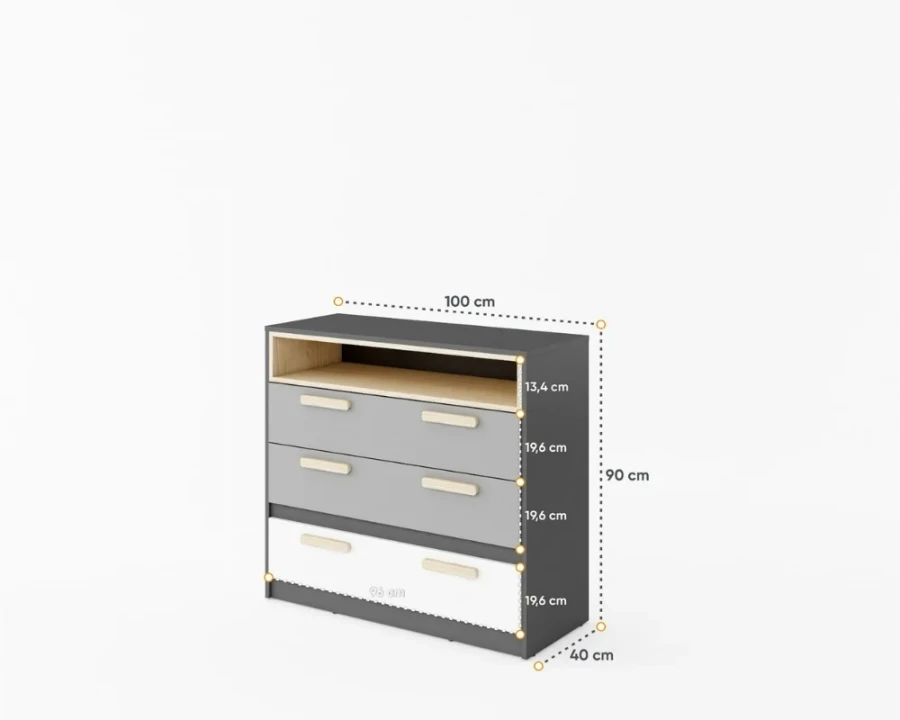 Maße der Kinderzimmer Kommode: 100 cm Breite, 90 cm Höhe und 40 cm Tiefe.