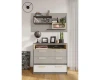 Modernes Set aus Kommode und Wandregal in Grau und Weiß für das Wohnzimmer.