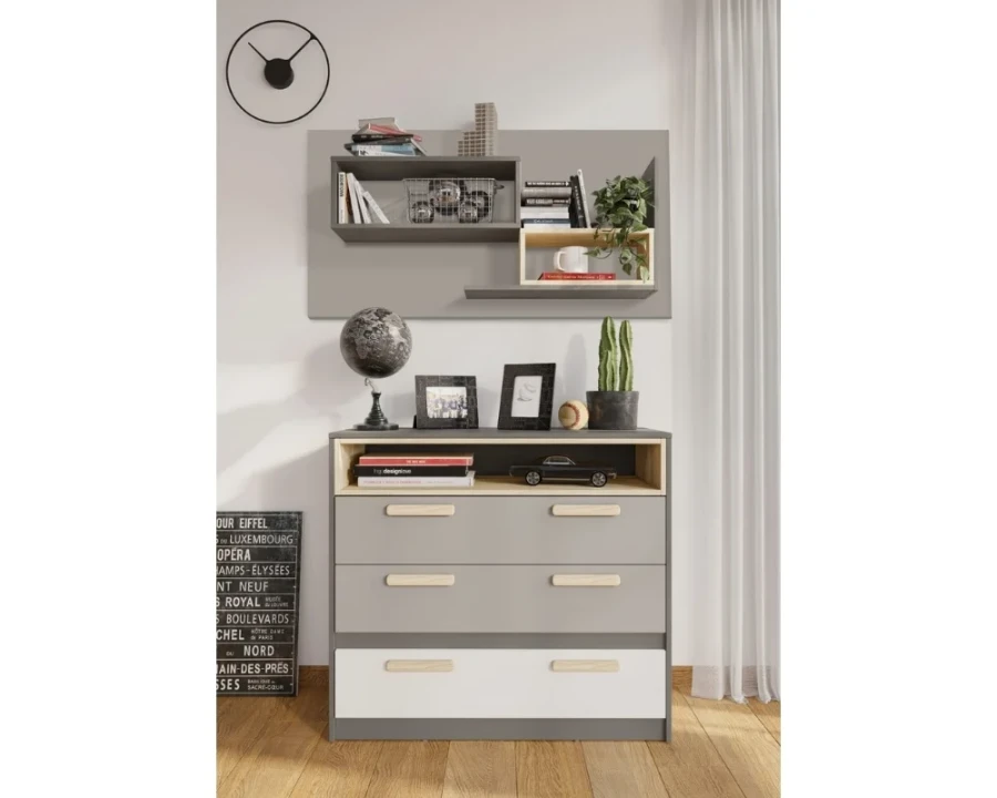 Modernes Set aus Kommode und Wandregal in Grau und Weiß für das Wohnzimmer.