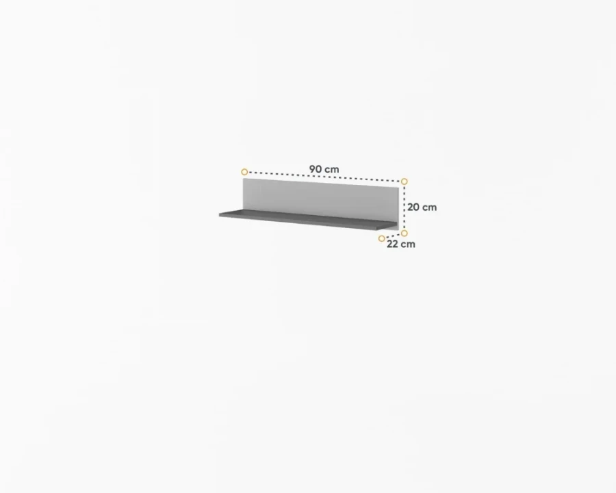 Graues Wandboard mit Maßen: 90 cm Breite, 20 cm Höhe und 22 cm Tiefe für zusätzliche Ablagefläche.