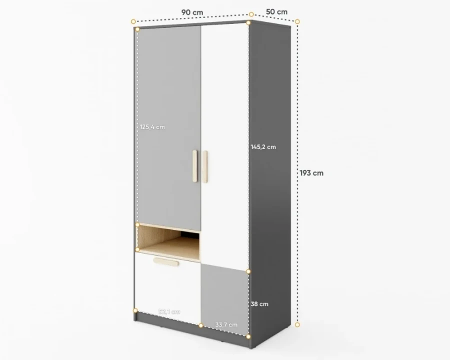 Kleiderschrank Maße: 90 x 193 x 50 cm, zweitürig mit Schubladen für Kinder.