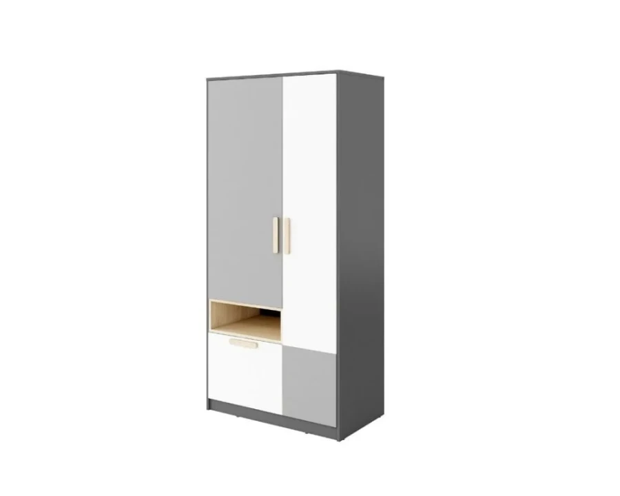 Moderner Kleiderschrank in Grau und Weiß mit Holz-Details für das Kinderzimmer.