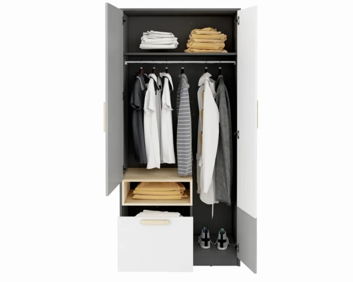 Offener Kleiderschrank für Kinderzimmer in Grau und Weiß mit Kleiderstange und Fächern.