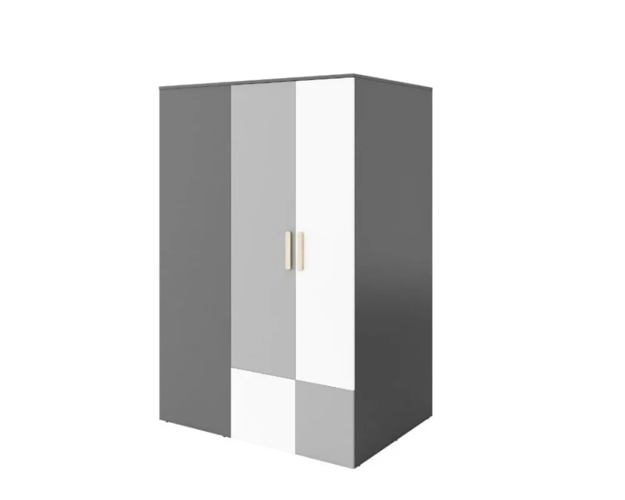 Großer 3-türiger Kleiderschrank in Grau und Weiß mit minimalistischen Holzgriffen für das Schlafzimmer.