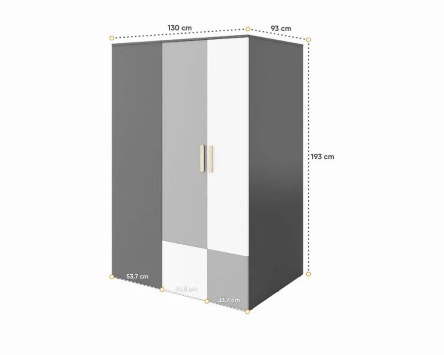 Eckkleiderschrank in Grau und Weiß, Maße 130x93x193 cm für das Kinderzimmer.