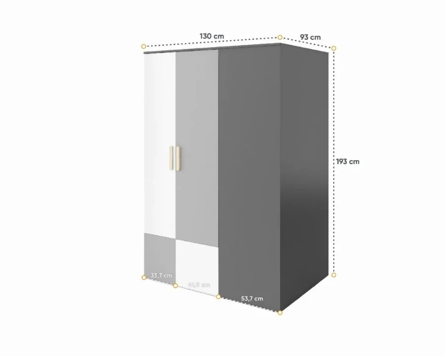 Moderner Eckschrank 130 cm breit in Grau, Weiß und Hellgrau.