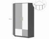 Eckkleiderschrank Ansicht mit technischen Maßen und Eck-Diagramm.