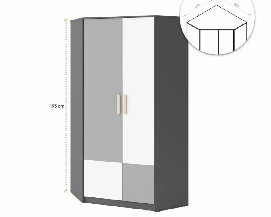 Eckkleiderschrank Ansicht mit technischen Maßen und Eck-Diagramm.