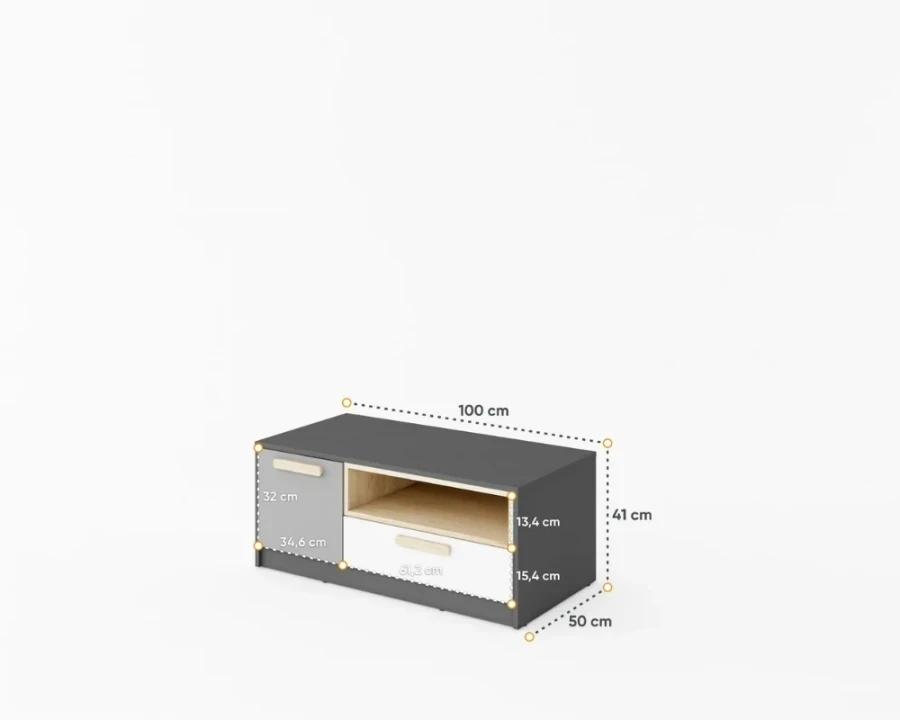 Abmessungen des TV-Lowboards: 100x41x50 cm für das Jugendzimmer