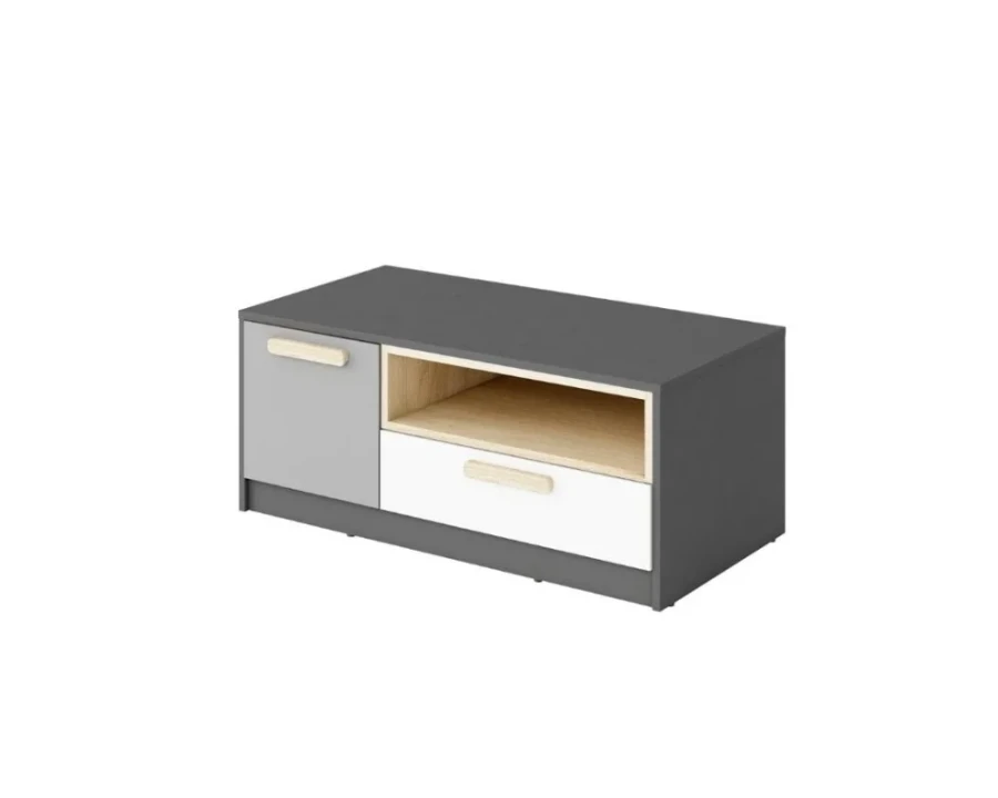 Modernes TV-Lowboard in Grau und Weiß mit Holzgriffen und offenem Fach für Multimedia-Geräte.