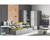 Komplettes Jugendzimmer-Set in Grau und Weiß mit Funktionsbett, Kleiderschränken und Kletterwand.