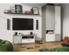 Modernes TV-Board und zweitüriger Kleiderschrank in Grau und Weiß für das Jugendzimmer.