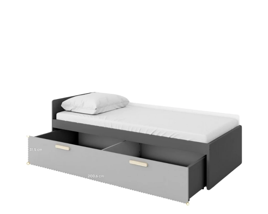 Graues Funktionsbett mit großem ausziehbarem Bettkasten und Maßangaben für zusätzlichen Stauraum.