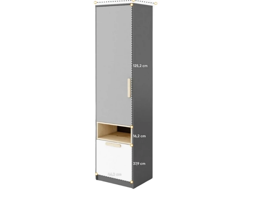 Schmaler Hochschrank in Grau und Weiß mit Maßangaben für Kinderzimmer.