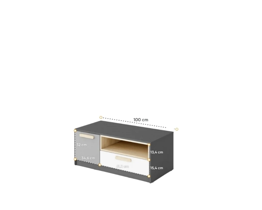 TV-Unterschrank Lowboard in Grau und Eiche mit Maßen, 100 cm breit, für Jugendzimmer.