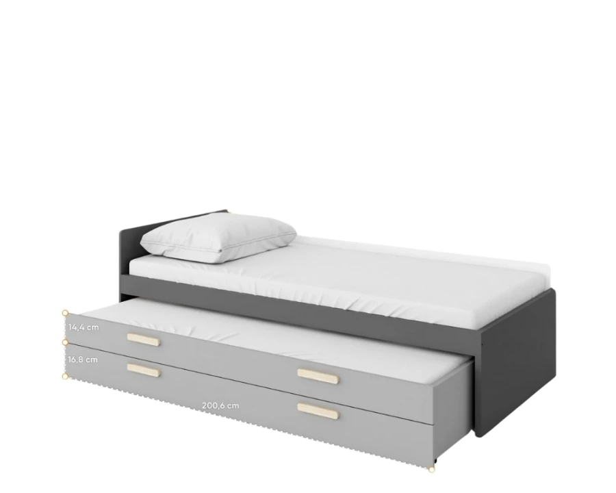 Funktionsbett mit Ausziehfunktion in Grau, 200,6 cm lang, inklusive Maßen.