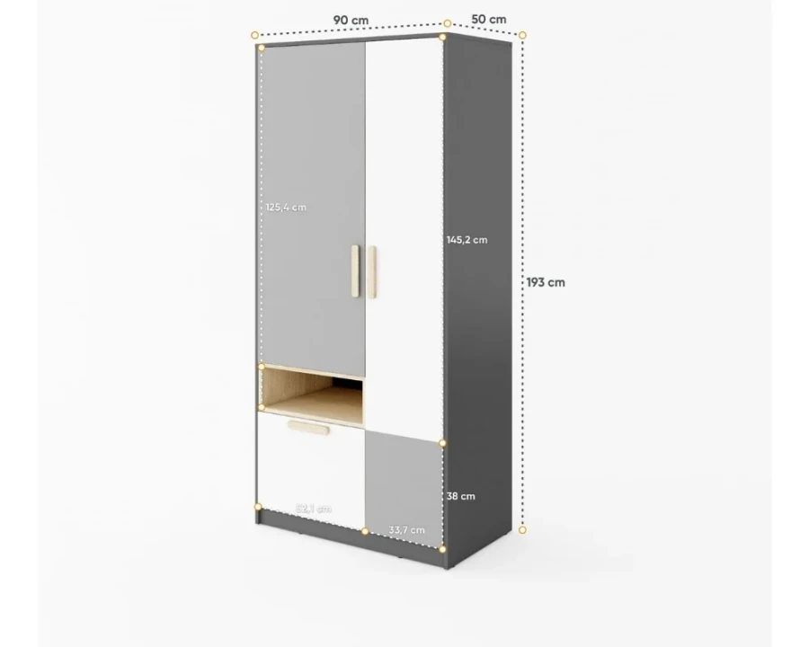 Moderner zweitüriger Kleiderschrank in Grau und Weiß, Maße: 90x193x50 cm.