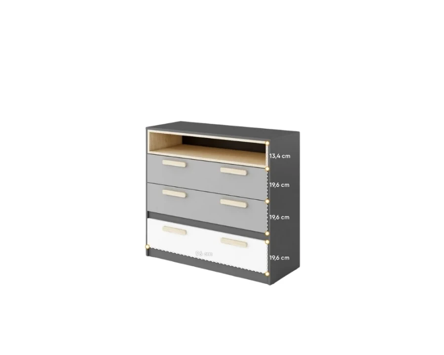 Moderne Kommode in Grau und Weiß mit drei Schubladen und detaillierten Maßen.
