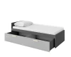 Graues Funktionsbett mit großem Bettkasten auf Rollen und Maßangaben.