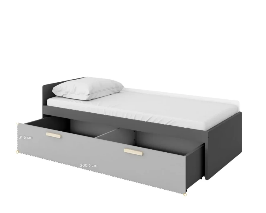 Graues Funktionsbett mit großem Bettkasten auf Rollen und Maßangaben.
