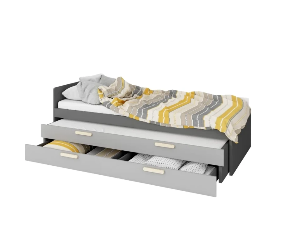 Graues Funktionsbett für Kinder mit Ausziehfunktion und Stauraum.