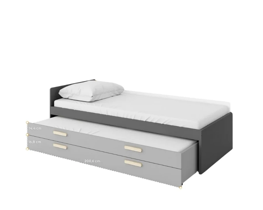 Maßangaben für graues Jugendbett mit Ausziehbett und Schublade.