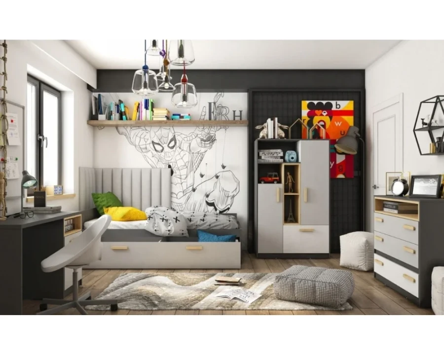 Komplettes Kinderzimmer-Set in Grau mit Bett, Schrank und Schreibtisch.