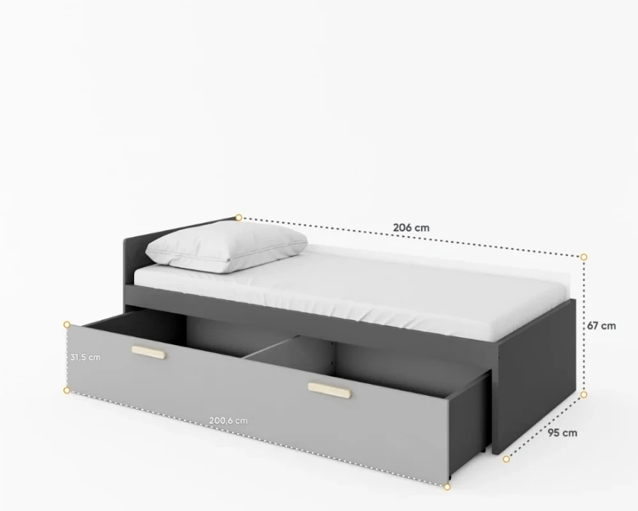 Graues Jugendbett mit großer Bettschublade und Maßangaben für die Zimmerplanung.