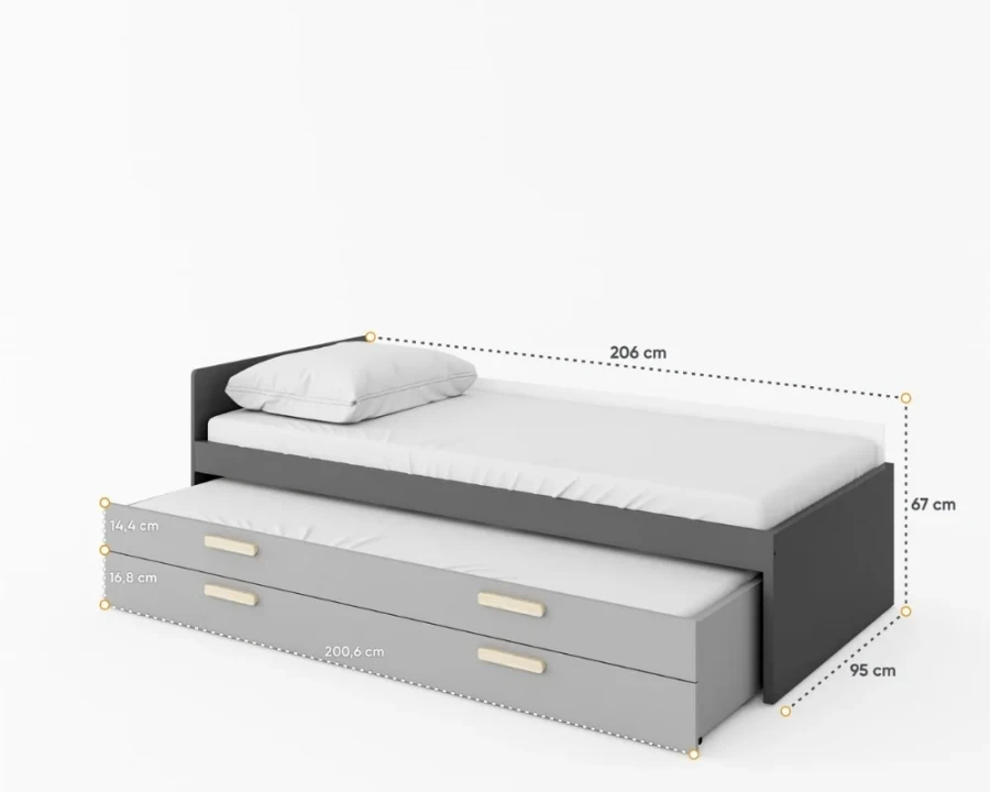 Ausziehbares Funktionsbett in Grau mit zweiter Schlafgelegenheit und präzisen Maßen.