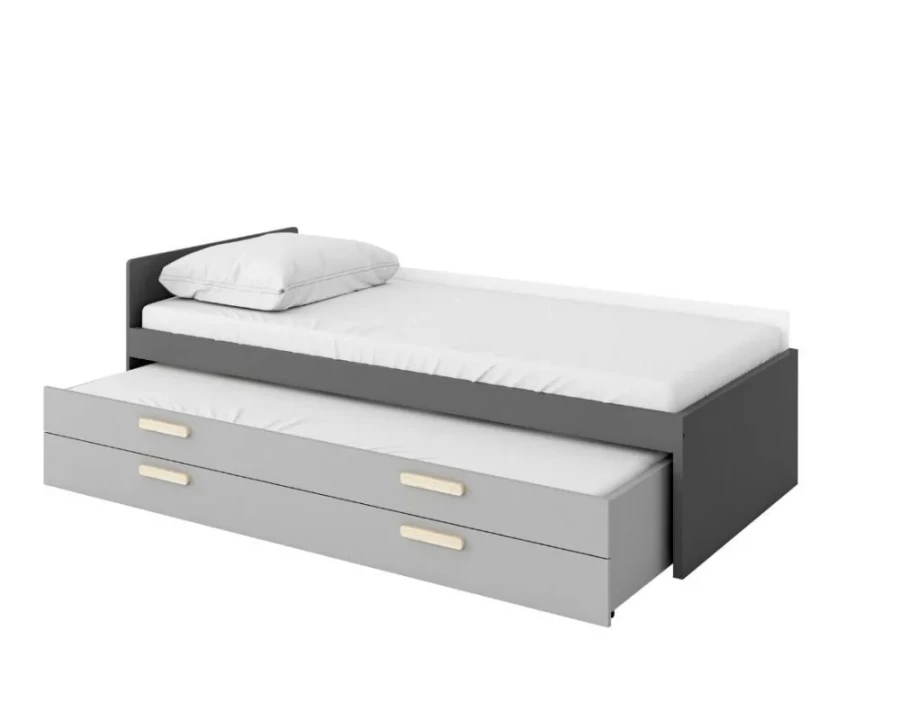 Modernes graues Gästebett für das Jugendzimmer mit praktischer Ausziehfunktion.