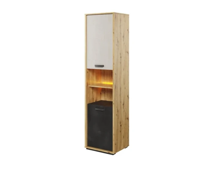 Hoher schmaler Schrank in Eiche-Optik mit weißer und anthrazitfarbener Front und LED-Beleuchtung.