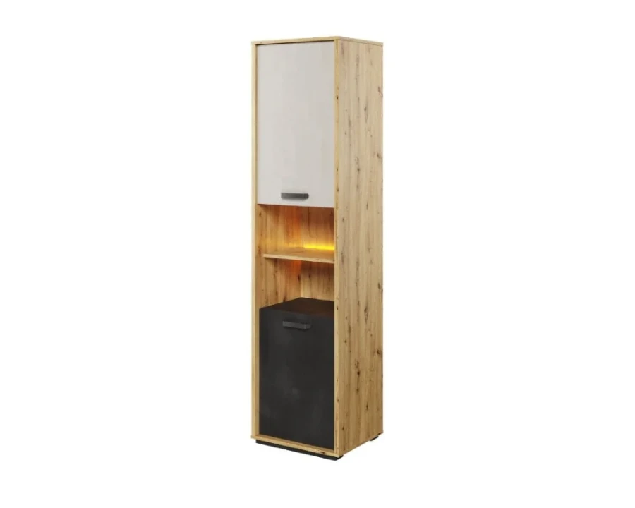 Moderner Hochschrank in Eiche-Optik mit weißer und anthrazitfarbener Front und LED-Beleuchtung.