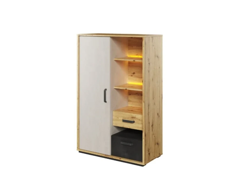 Teiloffener Mehrzweckschrank mit weißer Drehtür, LED-Regalen und anthrazitfarbenem Kasten.