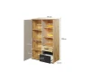 Schrank aus Eichenholz-Optik mit Maßen: 90x138x42 cm, offenen Fächern und Schubladen.