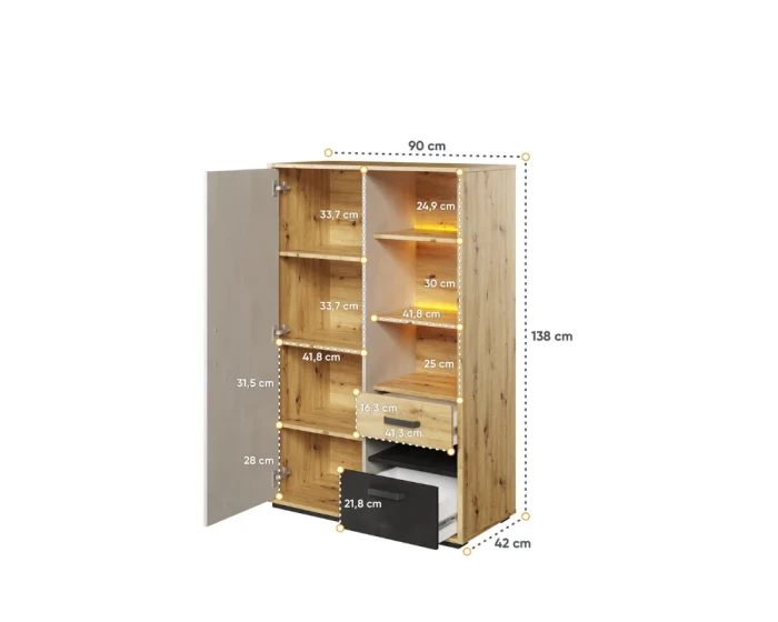 Schrank Maße 90x138x42 cm, Eiche-Optik, offene Fächer, eine Tür und zwei Schubladen.