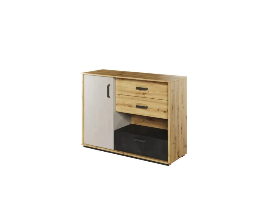 Moderne Kommode mit Tür und Schubladen in Eiche-Optik und Grau für das Jugendzimmer.