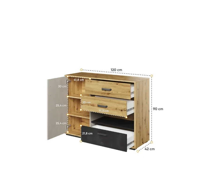 Maße der Jugendzimmer-Kommode: 120x90x42 cm mit detaillierter Innenaufteilung.
