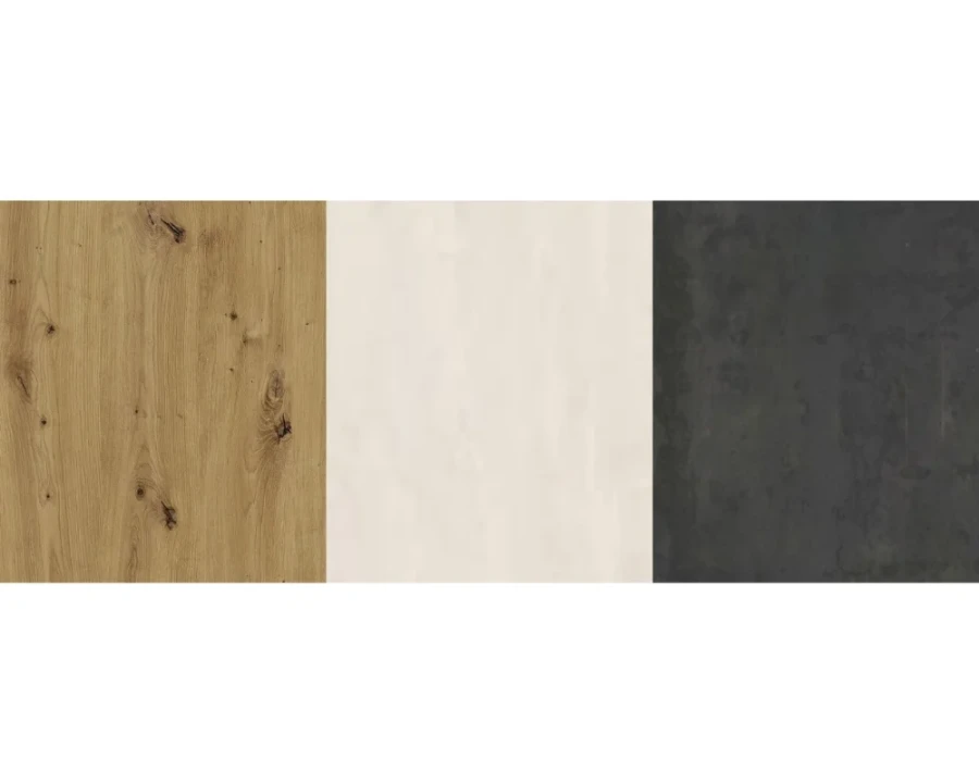 Materialproben in Eiche-Optik, Weiß und Anthrazit für moderne Möbelserien.