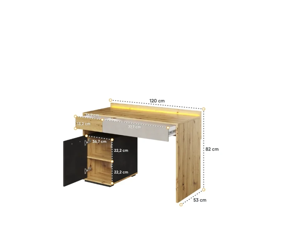Schreibtisch in Eiche-Optik mit Maßen 120x82x53 cm und integriertem Stauraum für das Jugendzimmer.