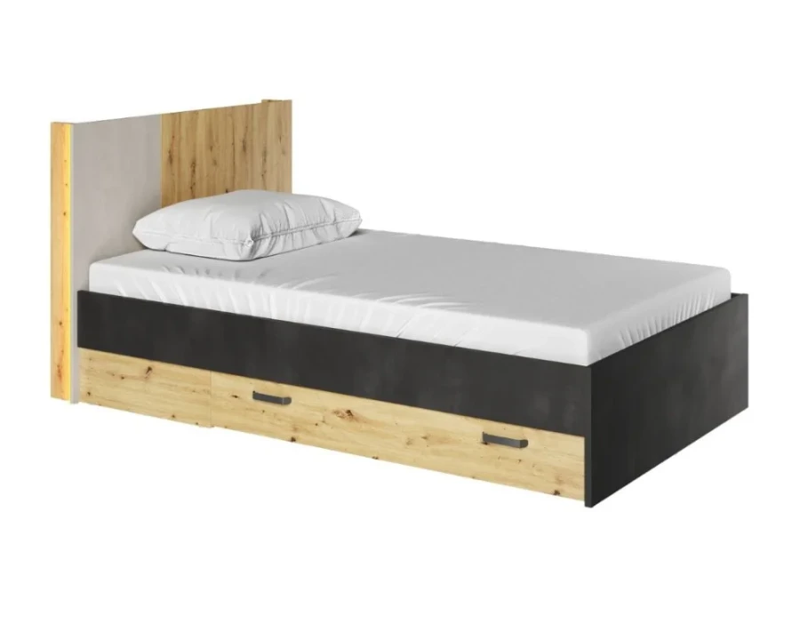 Modernes Jugendbett in Eiche-Optik und Anthrazit mit praktischen Bettschubladen für Stauraum.