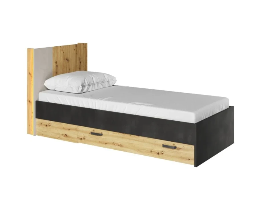 Funktionales Jugendbett in Eiche und Grau mit zwei geräumigen Schubfächern.
