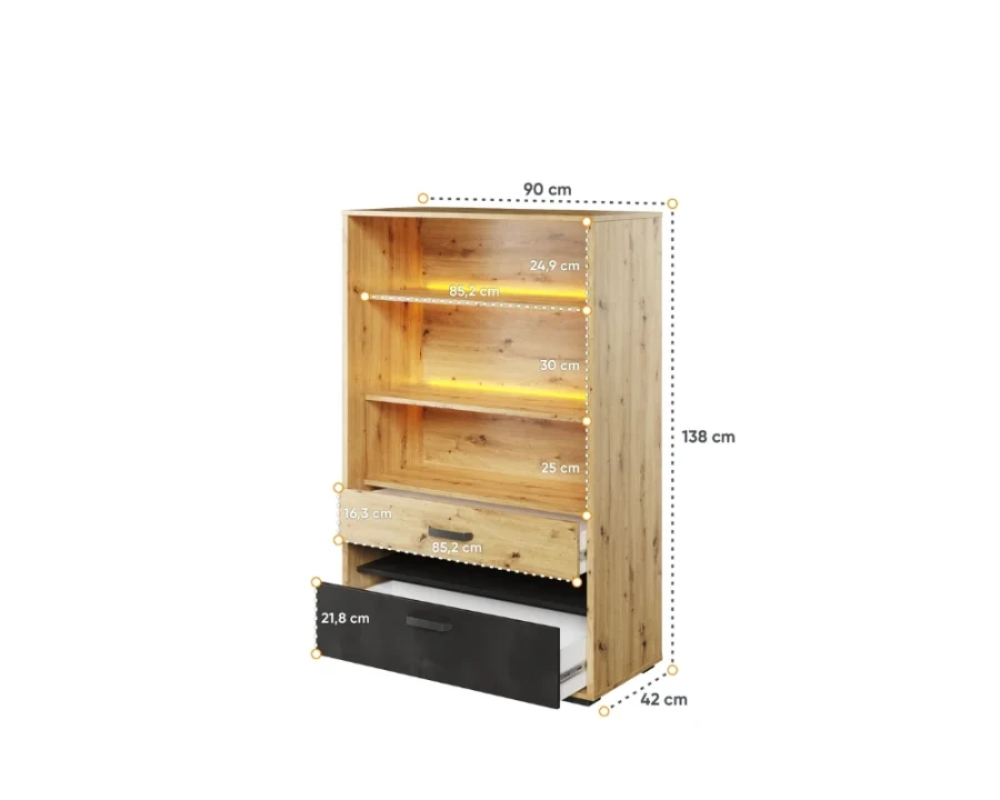 Modernes Standregal Eiche mit LED und Schubladen, Maße 90x138x42 cm