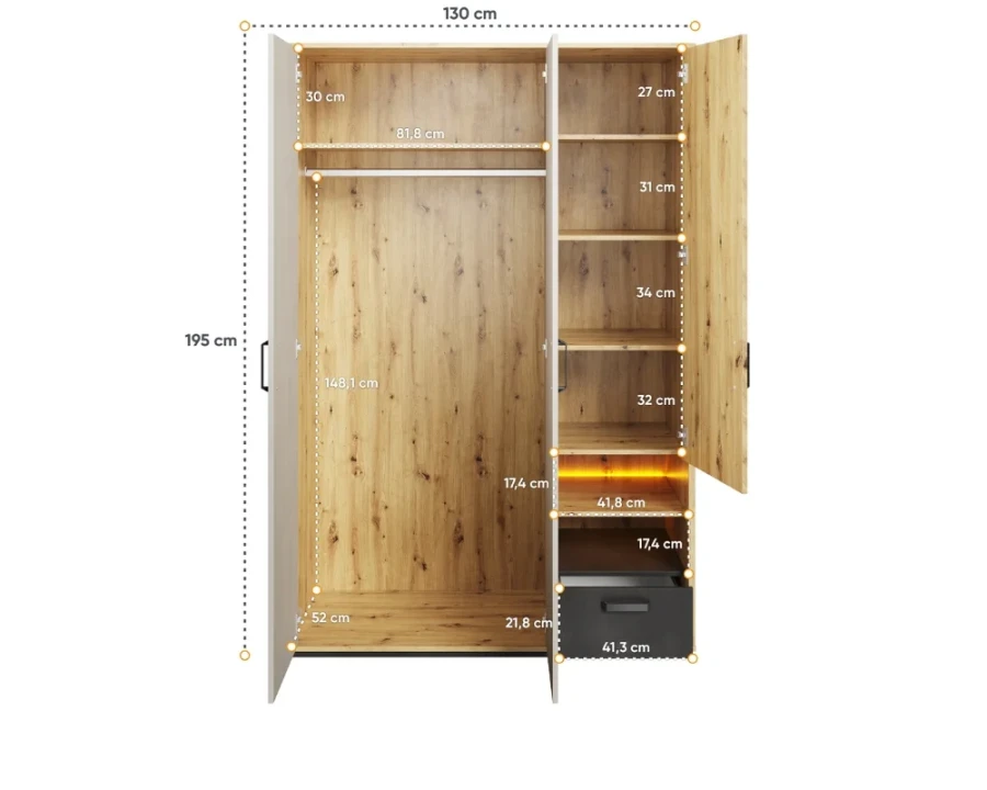 Maße und Innenleben des Kleiderschranks: 130 cm breit, 195 cm hoch, 52 cm tief.