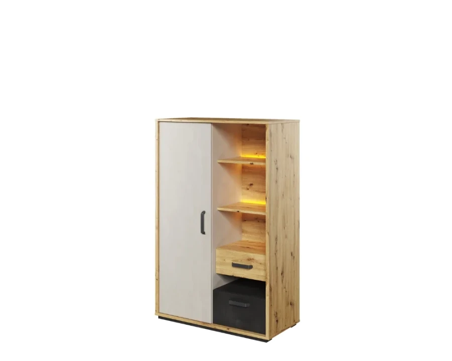 Highboard in Eiche-Nachbildung und Hellgrau mit Regalfächern und LED-Akzenten.