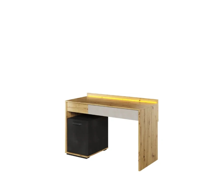 Schreibtisch in Eiche-Optik mit LED-Beleuchtung und schwarzer Rollbox zur Aufbewahrung.